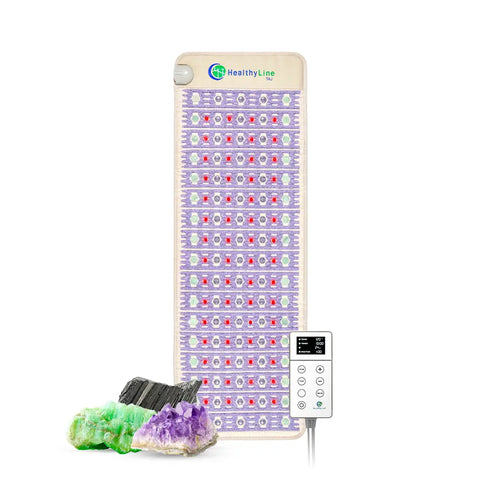 HealthyLine TAJ Series 72x24 inch PEMF mat in lavender and beige fabric with rows of gemstone capsules and red photon lights, shown with LED controller and natural gemstones including amethyst, jade, and tourmaline.