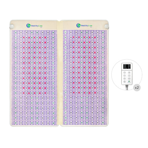 TAJ Bed King 76x80 panel in lavender and beige fabric with amethyst, jade, tourmaline gemstone rows with two controllers