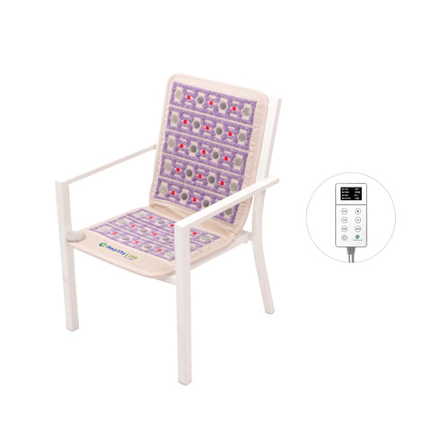TAJ Chair mat 40x18 in. fitted over white metal frame chair, lavender color with amethyst, jade, tourmaline, with red photon lights, LED controller shown