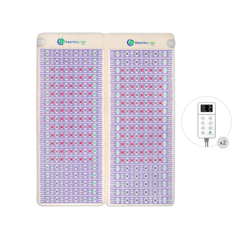 TAJ Bed Queen 80x60 split-panel in lavender fabric with amethyst, jade, tourmaline gemstone rows and two controllers