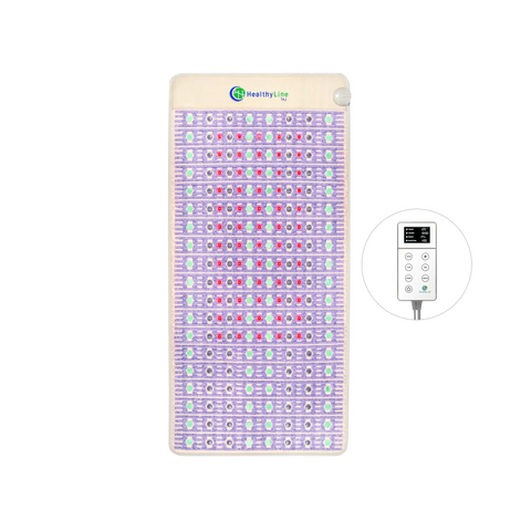 TAJ Bed 80x38 Left panel in lavender and beige fabric with amethyst, jade, tourmaline gemstone rows and LED controller
