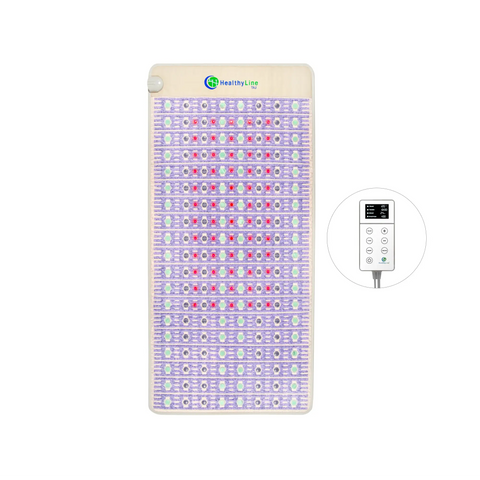 TAJ Bed 80x38 Right panel in lavender and beige fabric with amethyst, jade, tourmaline gemstone rows and LED controller
