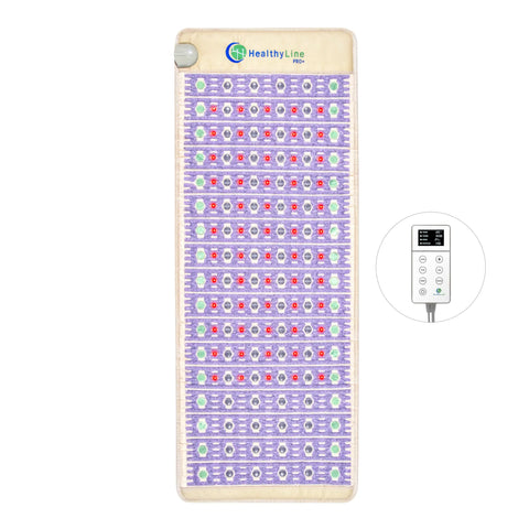 TAJ Pro+ 74x28 PEMF mat upright, lavender color with amethyst, jade, tourmaline, and red photon lights, LED controller shown