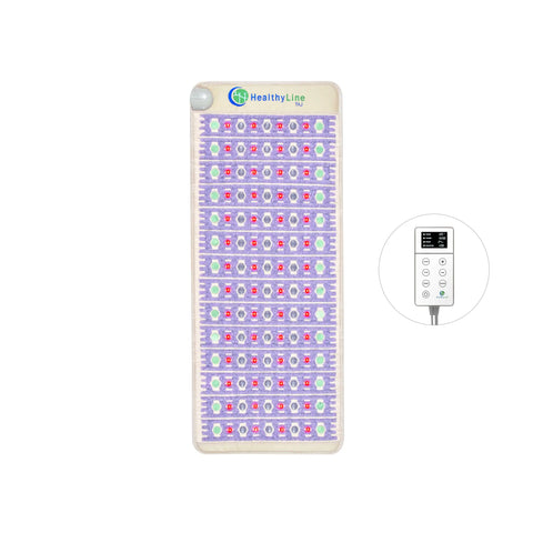 TAJ 60x24 PEMF mat upright, lavender color with amethyst, jade, tourmaline, and red photon lights, LED controller shown
