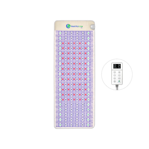 TAJ Bed 80x30 left mat in lavender and beige fabric with amethyst, jade, tourmaline gemstone rows and LED controller