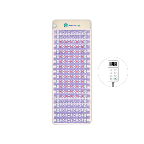 TAJ Bed 80x30 Right mat in lavender and beige fabric with amethyst, jade, tourmaline gemstone rows and LED controller