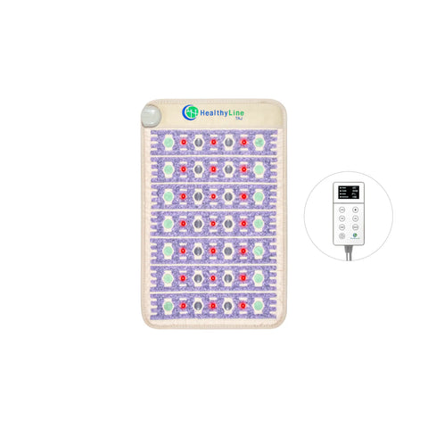TAJ 32x20 medium PEMF mat, lavender color with amethyst, jade, tourmaline, and red photon lights, LED controller shown
