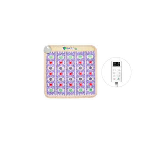 TAJ 20x20 compact square PEMF mat, lavender color with amethyst,  jade, tourmaline, and red photon lights, LED controller shown