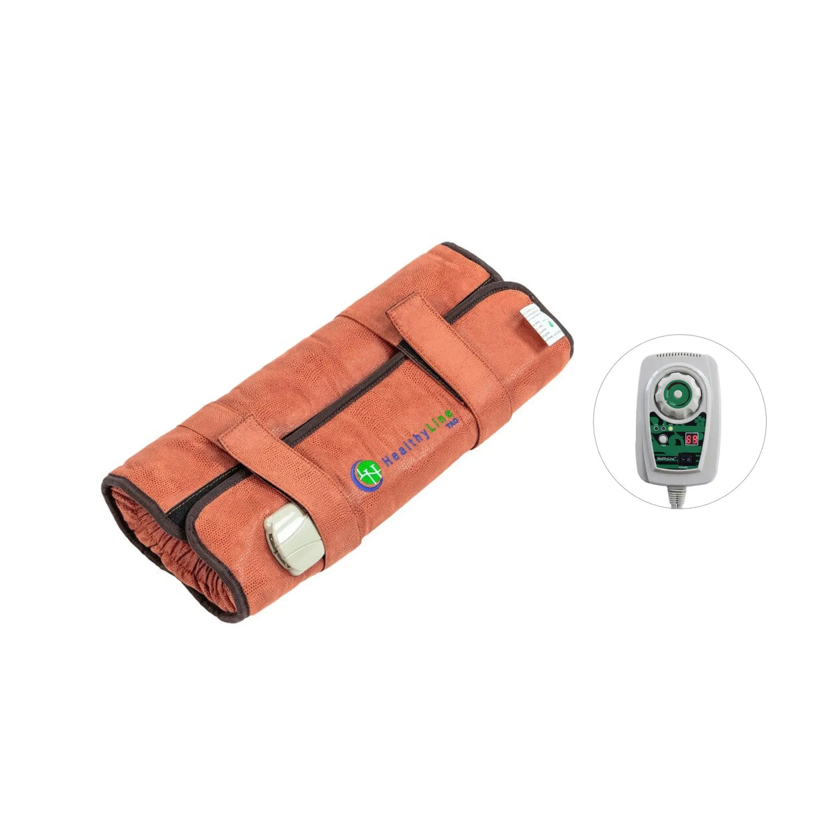 TAO Hand rolled up in orange fabric with tourmaline, amethyst, and obsidian gemstones and controller
