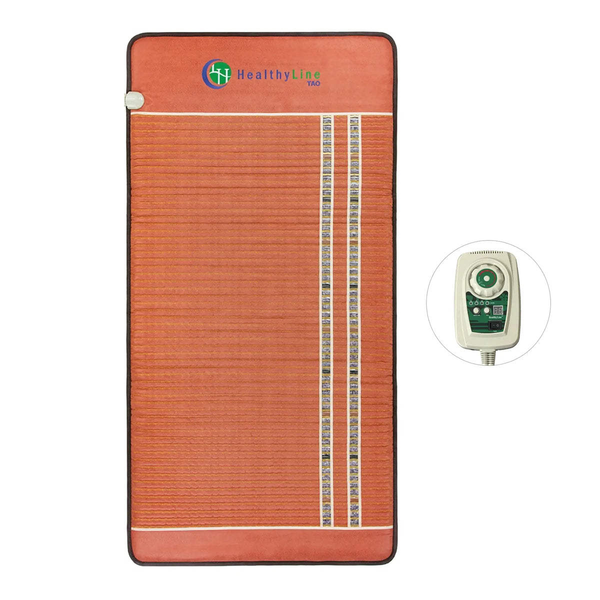 TAO 8040 Extra Large mat in red fabric with tourmaline, amethyst, and obsidian gemstone rows and PEMF controller
