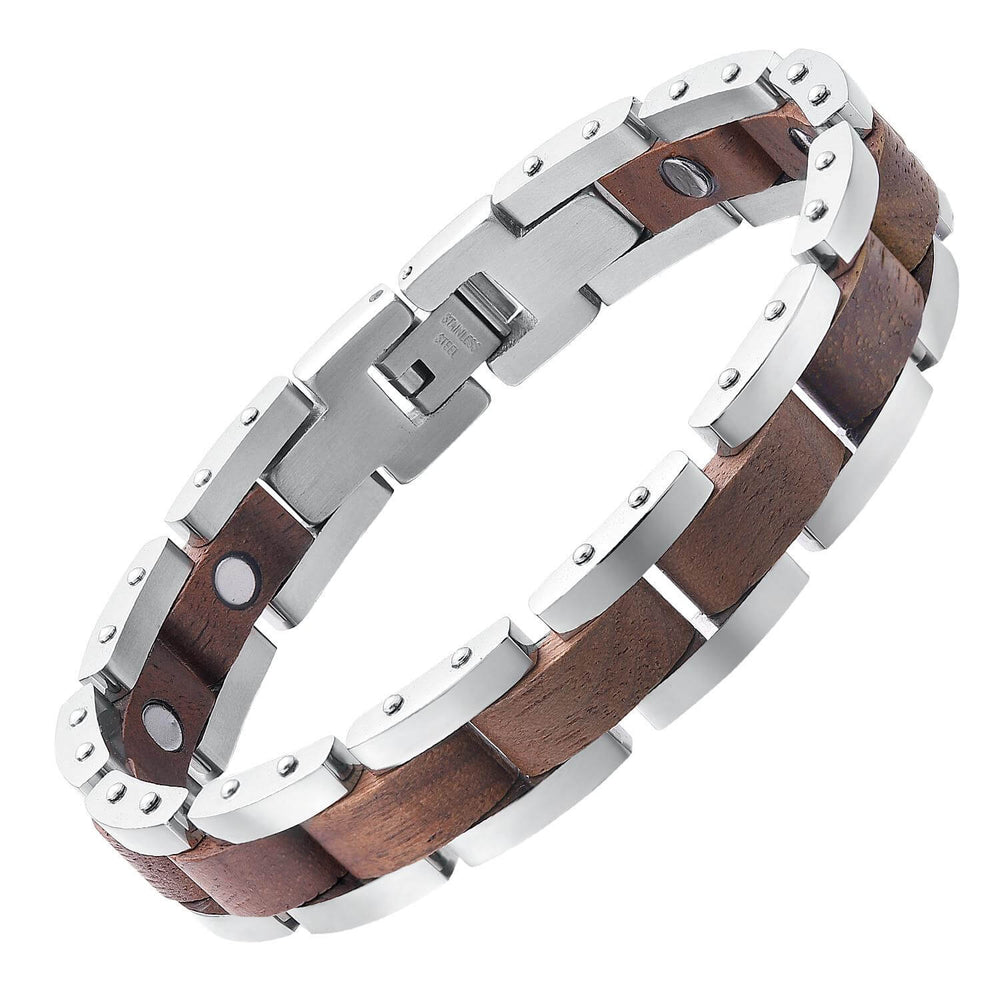 Wood and Stainless Steel Magnetic Bracelet. Silver Color available. Model WB008