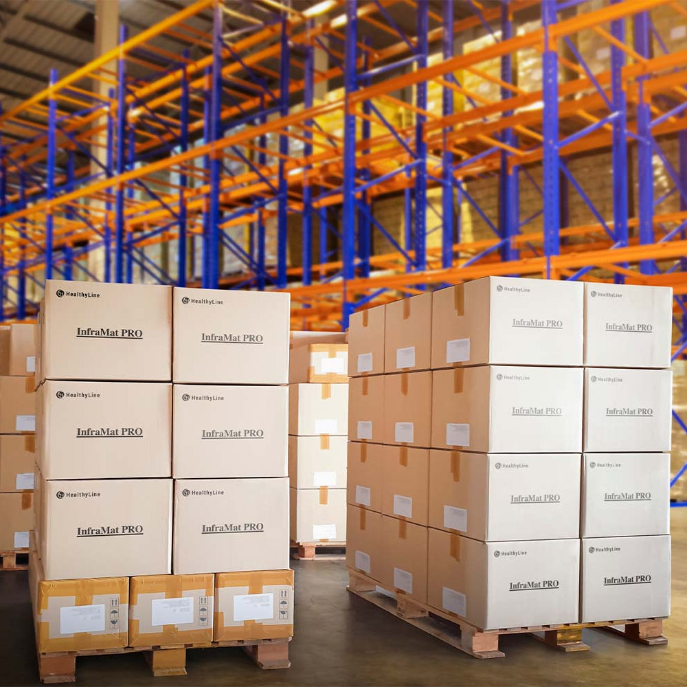 An image of a HealthyLine warehouse full of shipping boxes featuring the branded logo