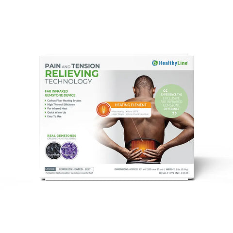 HealthyLine Cordless Heated Belt box featuring far infrared gemstone technology with tourmaline and amethyst inserts.