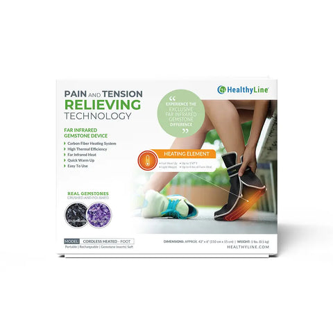 HealthyLine Cordless Heated Foot pad box featuring far infrared gemstone technology with tourmaline and amethyst inserts.