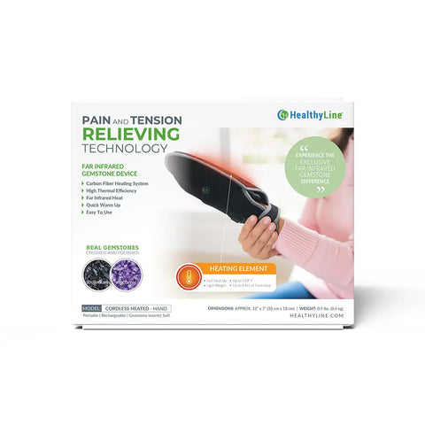 HealthyLine Cordless Heated Hand pad box featuring far infrared gemstone technology with tourmaline and amethyst inserts.