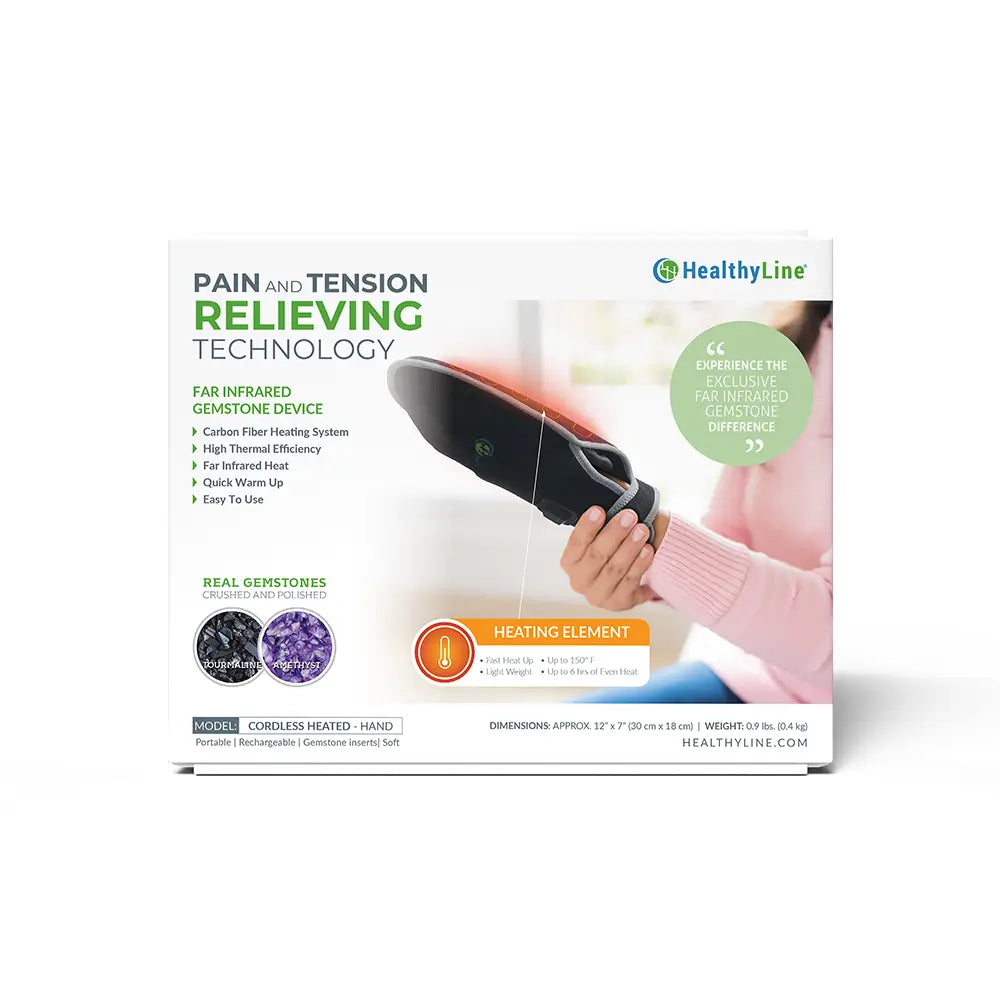 HealthyLine Cordless Heated Hand pad box featuring far infrared gemstone technology with tourmaline and amethyst inserts.
