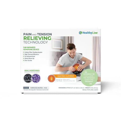 HealthyLine Cordless Heated Knee pad box featuring far infrared gemstone technology with tourmaline and amethyst inserts.