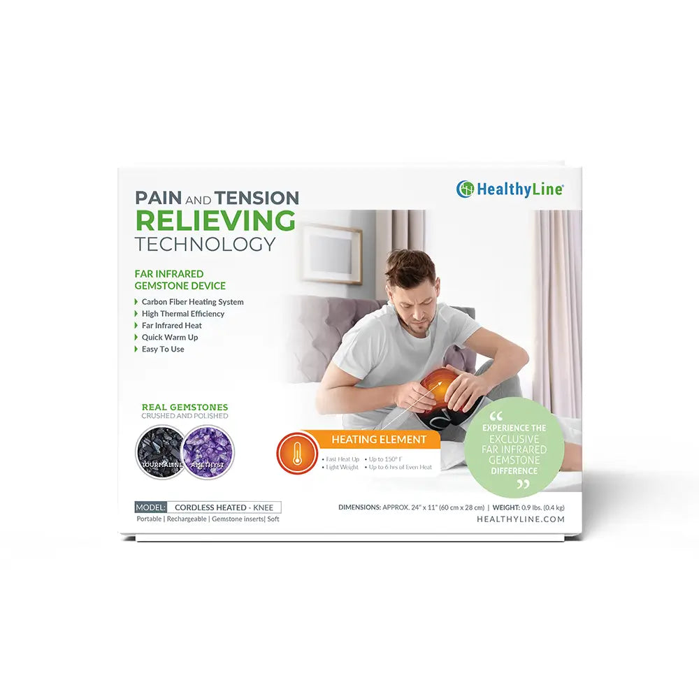HealthyLine Cordless Heated Knee pad box featuring far infrared gemstone technology with tourmaline and amethyst inserts.
