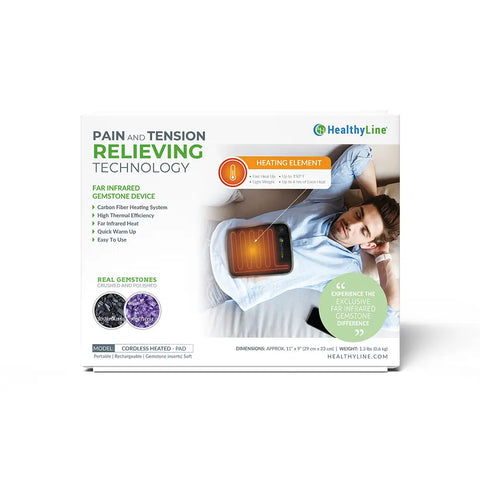 HealthyLine Cordless Heated Pad box featuring far infrared gemstone technology with tourmaline and amethyst inserts.