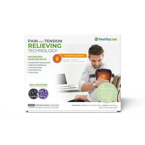 HealthyLine Portable Heated Shoulder pad box featuring far infrared gemstone technology with tourmaline and amethyst inserts.