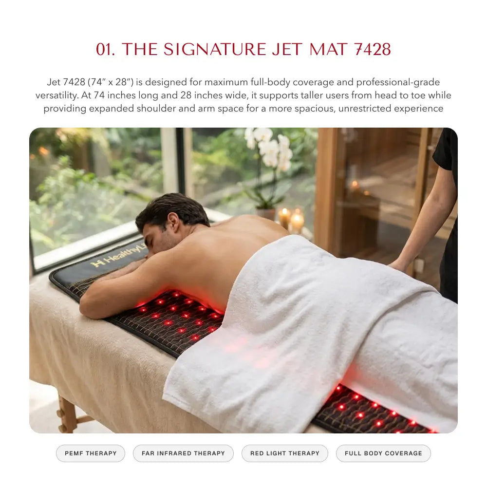 Jet Mat 7428 hero graphic: person receiving red light and PEMF massage on the mat, full body coverage
