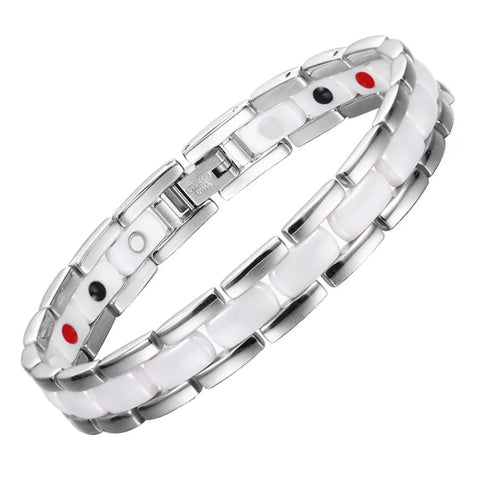 White ceramic and silver stainless steel energy bracelet featuring polished rectangular links