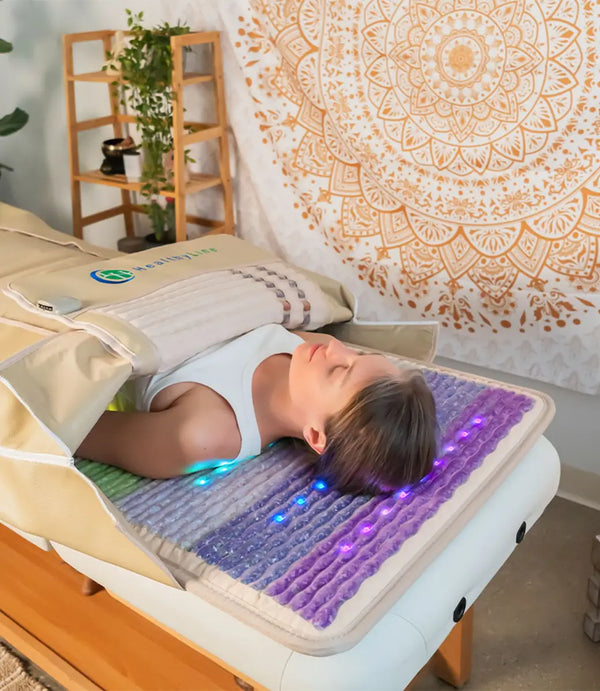A woman inside a HealthyLine 360 Sauna Wrap on a Rainbow Chakra mat with active blue photon lights.