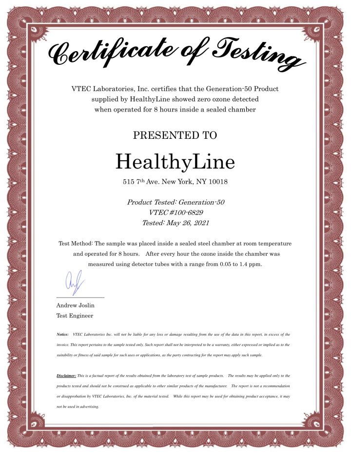 HealthyLine Ozone Certificate
